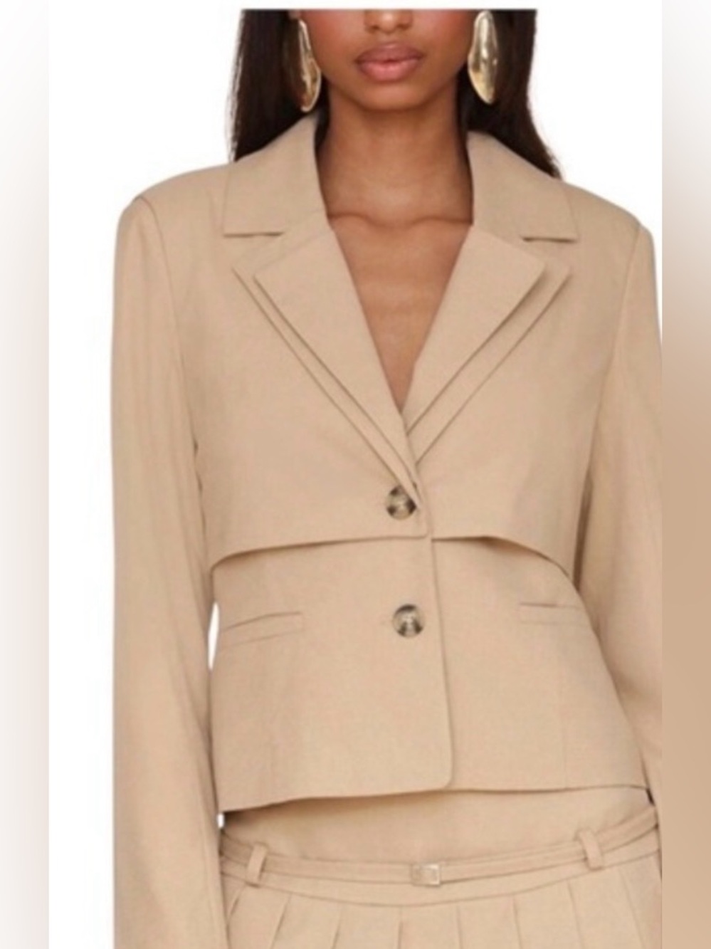 Avec Les Filles Cropped Beige Double-Button Blazer